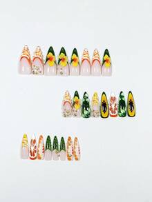 3D Drip Glue Papaya Grapefruit Petal Starfish Leopard Print Yellow Striped Green Edge French Tropical Vacation Style 24pcs Medium Almond Shaped Press-On Nails Fake Nail Tips Acrylic Molded Nails Y2K Nails - Multicolor - View 2