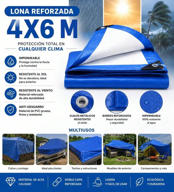 Lona Impermeable Reforzada Exteriores Cubre Sol Lluvia