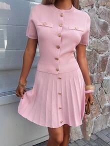 FOR BEAUTY Spring/Summer Women's Pink Round Neck Short Sleeve Knit Top With Pleated Skirt, Elegant Two Pieces Knit Set,Suitable For Parties And Dates - Pink - View 5