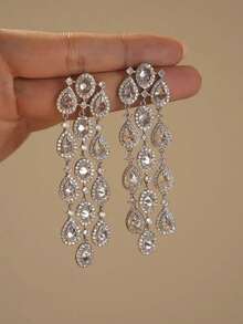 1 Pair Elegant Cubic Zirconia Long Tassel Teardrop Earrings For Women, Suitable For Wedding And Party - Silver - View 3