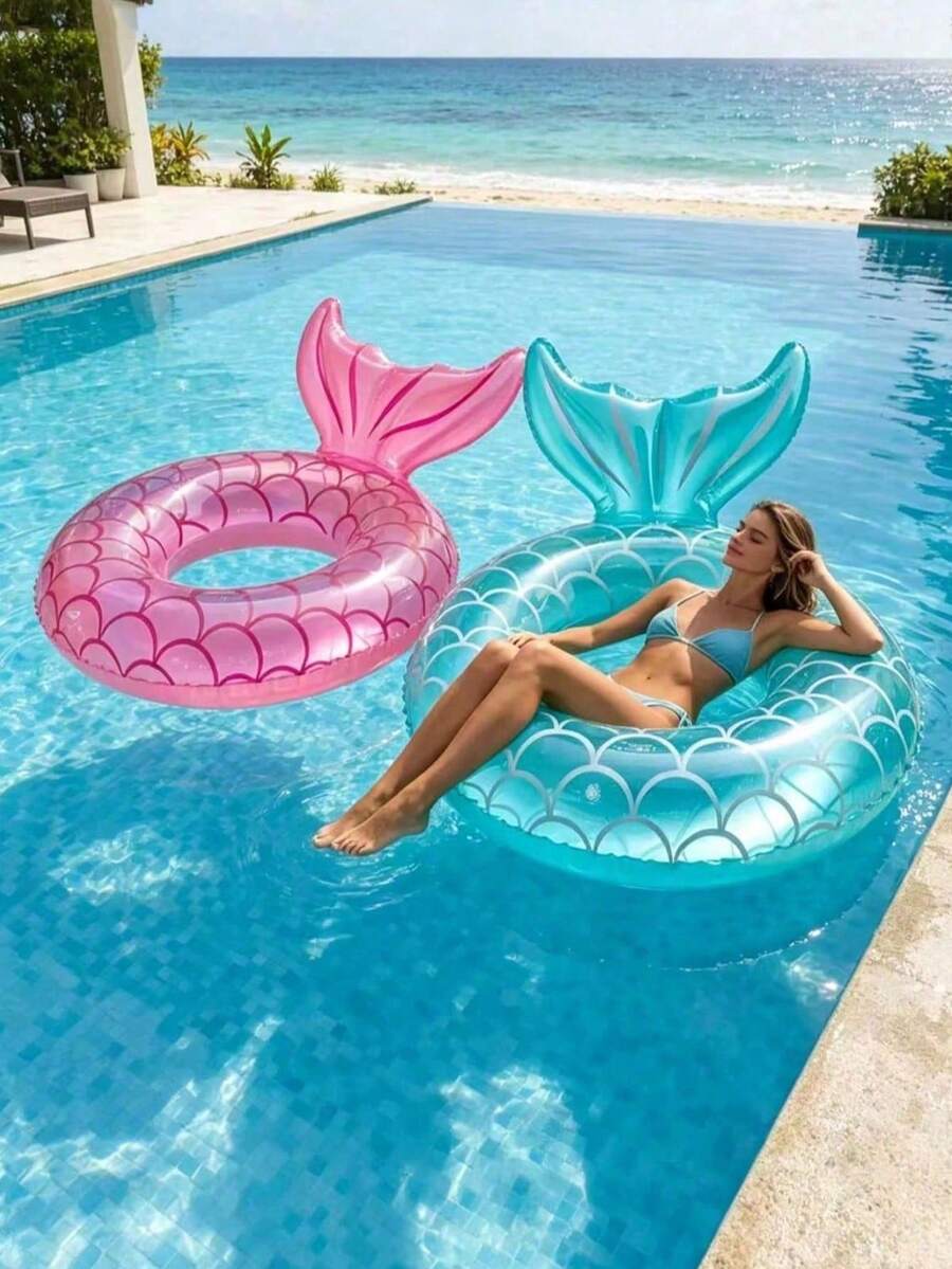 1pc Inflatable Mermaid Tail Swim Ring, Suitable For Swimming Pool, Beach, Theme Party, Inflatable Floating Device, Auxiliary Tool, Pool Raft, Water Resting Seat, Air Pump Sold Separately - Multicolor - View 1