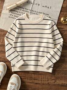 Tween Boys Striped Crew Neck Knit Sweater, Long Sleeve Slim Fit Casual Fall Knitted Pullover Tops For Everyday Wear - Apricot - View 3