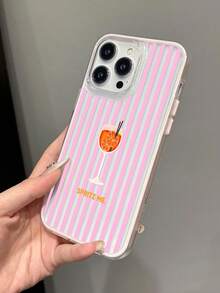 1pc Fresh Striped Orange Slice Wine Glass Slogan Pattern Colorblock 3-In-1 Pink Soft Phone Case Compatible With IPhone 11/12/13/14/15/16 Pro Max - Multicolor - View 3
