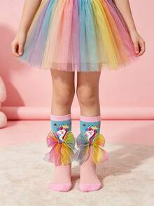 1 Pair Girls Sweet Cute Rainbow Bow Decorated Calf Socks, Cartoon Pony Pattern Design Mid-Calf Socks, Suitable For Girls Spring Autumn Transition Seasons, Versatile Design Girls Student Socks - Multicolor - View 3