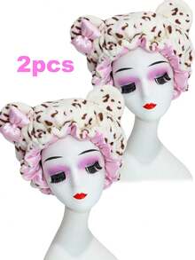 CONFLASS Leopard Print Bear Ear Satin Lined Sleep Cap, Cute Pink Bow Fleece Headband, Women's Curly Hair Protection Night Cap, Soft Plush Sleep Headband - Multicolor - View 15