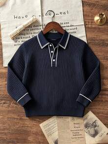 Boys Collared Knit Polo Shirt, Contrast White Trim Long Sleeve Ribbed Knit Pullover, Preppy Casual Top - Navy Blue - View 3