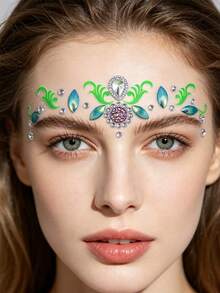 2pcs Floral & Leaf Face Rhinestone Sticker Set, Fluorescent Vine & Gold Glitter Rhinestone Mix, Suitable For Daily Commute, Student Campus, Beach Picnic, Light Fairy Makeup - Multicolor - View 4