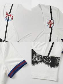 Women's Casual England Jersey Sweetheart Neckline Full Print National Flag Contrast Color Lace Fitted Short T-Shirt, Summer Top Vacation - Black and White - View 8