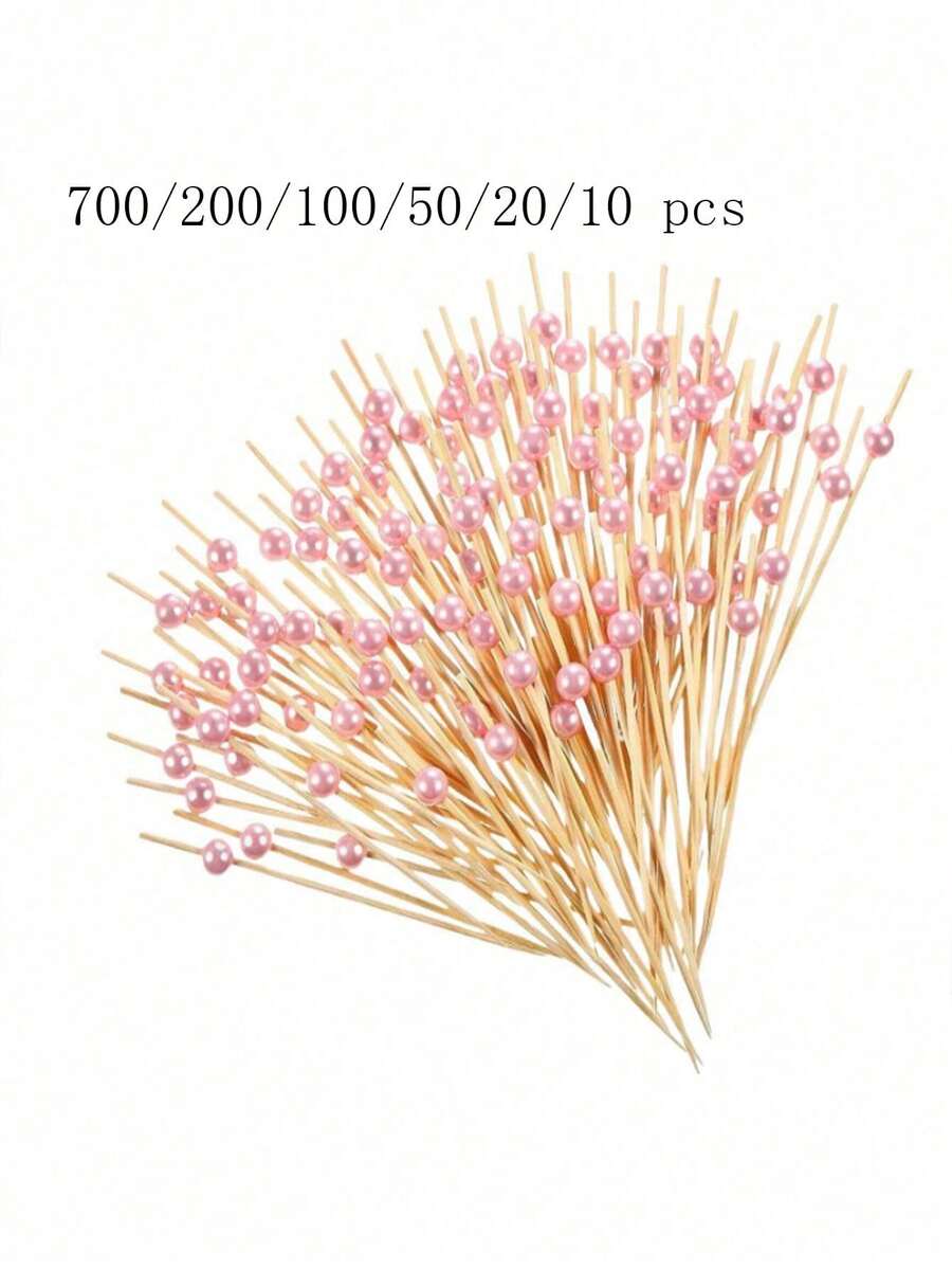 700pcs/200pcs/100pcs/50pcs/10pcs Pink Disposable Bamboo Skewers, Round Bead Design, Suitable For Kitchen, Salad, Appetizers, Weddings, Parties, Kitchen Tools, Back To School, Tabletop Decor, Beverage Accessories - Pink - View 1