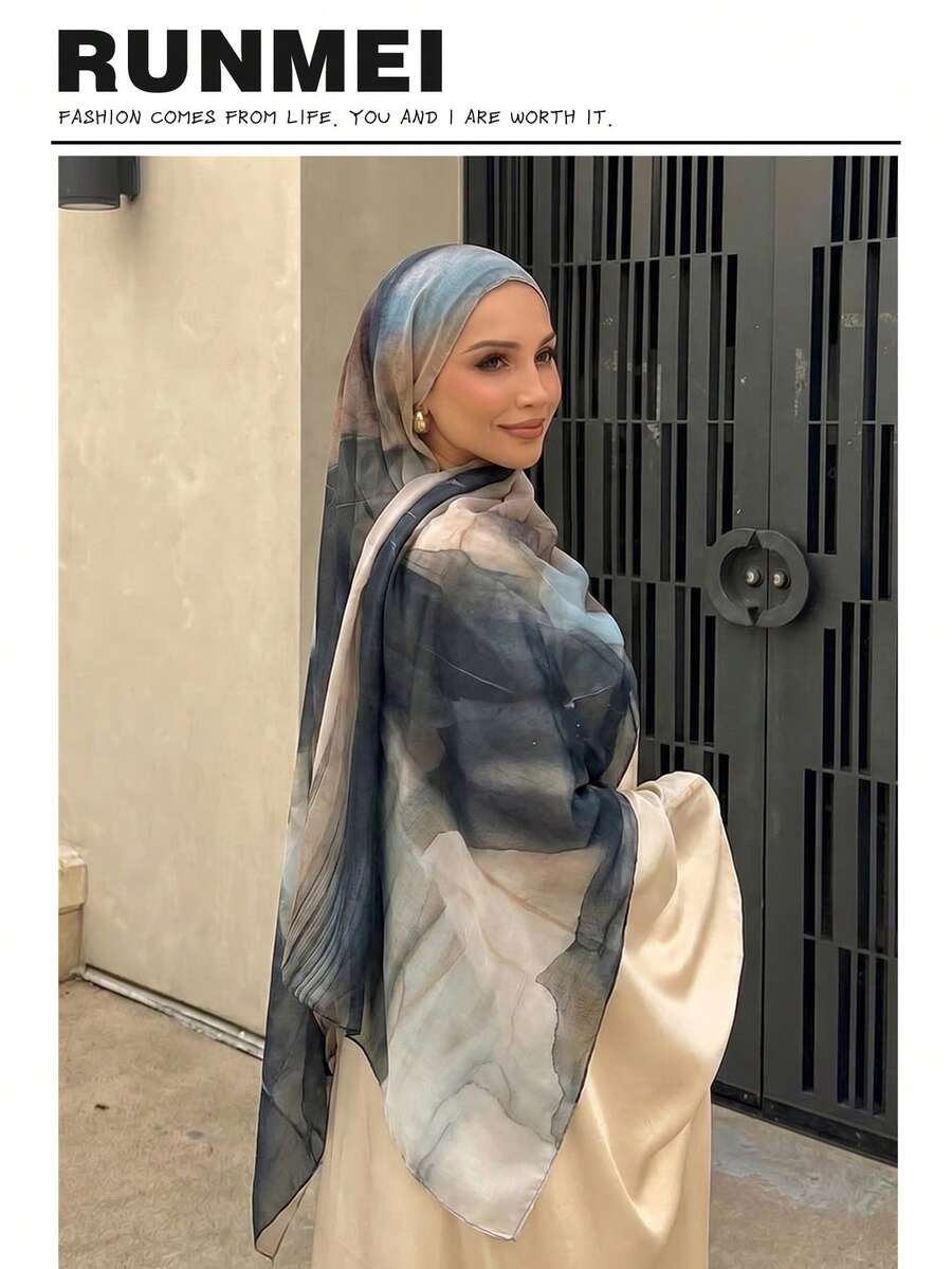 1件女款波希米亞風彩色黏膠纖維頭巾,柔軟希賈布圍巾,多功能防曬圍巾,適合夏季日常穿著 - 水墨藍棕 - 查看 1
