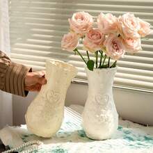 Retro-Style Plastic Rose-Embossed Hydroponic Vase; European-Style Floral Container In A Creamy Aesthetic, Suitable For Living Room Decor. - Multicolor - View 12