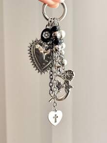 1pc,Y2K Gothic Heart Bag Charm Keychain Cross Pendant Korean Punk Purse Charm Metal Beaded Bag Accessory For Women - Multicolor - View 4