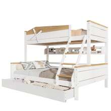 Double Bed Frame With Windmill, With Shelves, Children's Bed, With Colorful Safety Net, With 4-Step - Natural and White - 查看 9