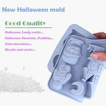 Halloween Theme Silicone Baking Molds: Includes Classic Holiday Shapes Like Pumpkin Lantern, Bat, Spider, Witch Hat, Tombstone, Haunted House, Mummy And More 3D Designs, Suitable For Making Chocolate, Candy, Pudding, Cookies Or Cake Decorations. Made Of Silicone Material, Wide Temperature Range, Easy To Demold And Dishwasher , Ideal Tool For Holiday Parties And Creative Desserts. - Baby Blue - View 4