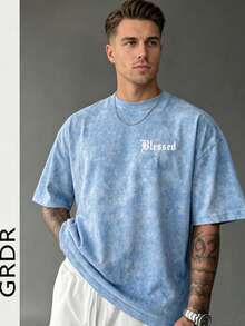 GRDR Men's Retro American Style Minimalist Letter Washed Round Neck Short Sleeve T-Shirt, Comfortable & Breathable For Summer - Baby Blue - View 8