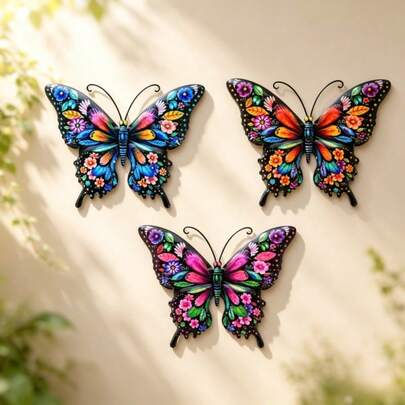 1/3pcs Colorful Metal Butterfly Wall Decor Hanging Ornament With Movable Wings, Metal Butterfly Sculpture Wall Art, Suitable For Garden, Yard, Living Room, Bedroom, Patio, Balcony - No Electricity Required, Outdoor Fence Art Decoration, Ideal Gift For Family And Friends