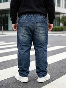 Men Elastic Waist Vintage Ripped Straight Jeans, Multifunctional Non-Stretch Plus Size Distressed Blue Loose Denim Street Pants - Navy Blue - View 4