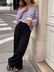 Women Fall Elegant Off‑Shoulder Long Sleeve Top, Color Block Stripe Loose Casual Blouse For Holiday Festival - Multicolor - View 6