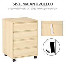 HOMCOM Cajonera de Oficina con 4 Cajones Cajonera de Escritorio con Ruedas Archivador Móvil para Estudio 46x40x65 cm Natural - Madera Natural - Ver 9