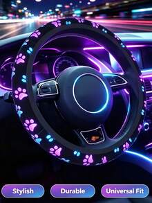 1pc Car Steering Wheel Cover, All-Season Cute Paw Print Design, 15 Inch Standard Size, No Inner Ring, Elastic Non-Slip Car Interior Decor Accessory - Paw Print Steering Wheel Cover - View 4
