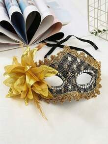 1pc Halloween Venetian Lace Mask With Side Floral Rhinestone Half Face Eye Mask, Unisex Costume Accessory For Masquerade Ball, Carnival Party, Photo Props - Multicolor - View 14