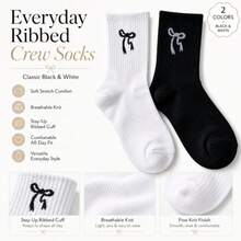 20/10/5/1 Pair Women's Bow Pattern Knitted Short Socks, Soft Elastic, Breathable Casual Mid-Calf Socks, Suitable For Daily Wear, Black And White Classic Aesthetic Socks, Y2K Balletcore Street Style Socks - Multicolor - View 6
