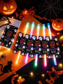 48pcs Halloween Decoration Glow Stick Holder Cards, Halloween Gift Packaging Labels, Trick Or Treat Gift Glow Stick Decoration Cards, Halloween Home Decor, Glowing Halloween Night Party Photo Props, Halloween Decorations, Halloween Party Small Gift Fillers, Christmas Decorations, Halloween Party Supplies, Glow Party Supplies Back To School (Glow Sticks Not Included) - Halloween - View 3