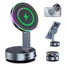 1pc 15W Magnetic Wireless Car Charger Mount, 720° Rotating Foldable Phone Holder With RGB Light, Telescopic Dual-Axis Adjustable Arm, Vacuum Suction Cup Dashboard Installation, Compatible With IPhone MagSafe And Android Phones - 無線充手機支架 - 查看 10