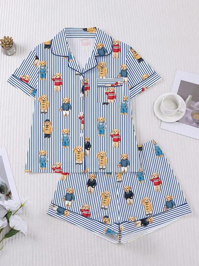 2pcs/Set Women's Pajama Set, Puppy Print, Women's Loungewear, Spring/Summer Holiday Outfit, Short Sleeve Lapel Top And Shorts Wearable Set
