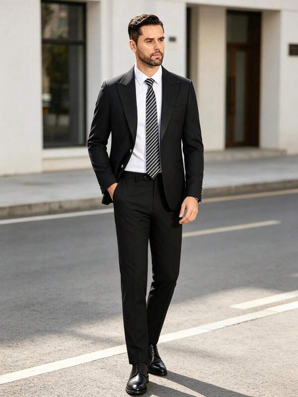 Men's Black TR Striped Peak-Lapel Single-Breasted Suit Blazer, Formal Outerwear For Business, Party, Casual Daily
