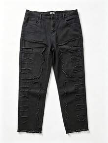Men's Plus Size Loose Wide Leg Black Denim Jeans, Vintage Frayed Patchwork Distressed Denim Pants, Street Style Casual Wear For Multiple Occasions - Black - View 9