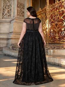 Anpoket Black Plus Size Lace A-Line Gown With Fringe & Beaded Neck, Elegant Women's Summer Prom & Bridal Evening Dress For Party & Festival - Black - View 4