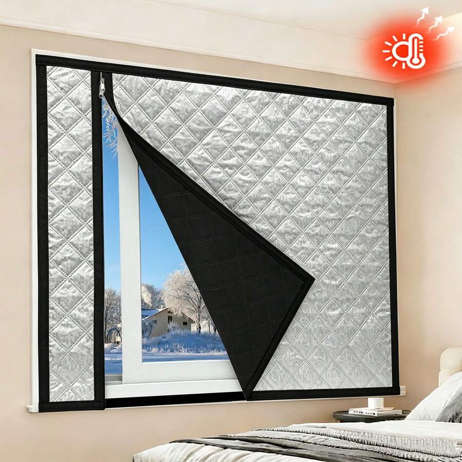 1pc Black Zippered Curtain, Windproof & Warm Winter Window Curtain, Bedroom Cold-Proof Sealing Window Insulation Film