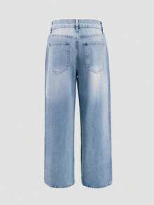 Fashionable European Women's Non-Stretch Mid-Waist Fully Rhinestone-Embellished Loose Straight-Leg Floor-Length Denim Jeans Casual Vacation Fall - Light Wash - View 6