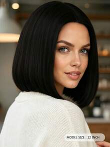 12 Inch Black Middle Part Women's Wig, High Temperature Synthetic Straight Hair, Elegant And Versatile, Natural Style, Suitable For Various Parties And Ball Gowns - Black - View 5