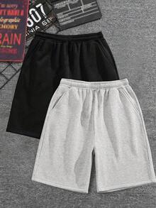 2件套 青少年男童休闲纯色丝滑运动短裤，夏季 - 黑色 - 查看 1