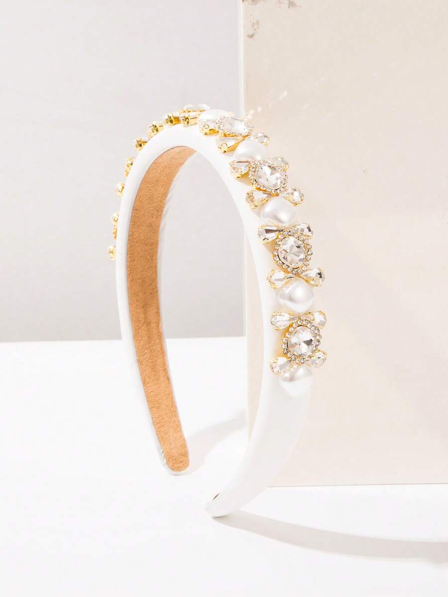 1pc Solid Color Elegant Gemstone Pearl Thin Rim Headband, Fresh Sweet Daily Versatile Dating Shopping Holiday Essential Women's Outfit Exquisite Clothing Accessory Hair Ornament - White - View 1