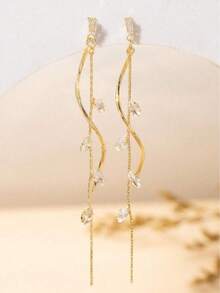 2pcs/Set Women's Zirconia Elegant Long Leaf Tassel Earrings, Ins Style Twisted Long Pendant Earrings, Suitable For Daily Wear - Gold - View 2