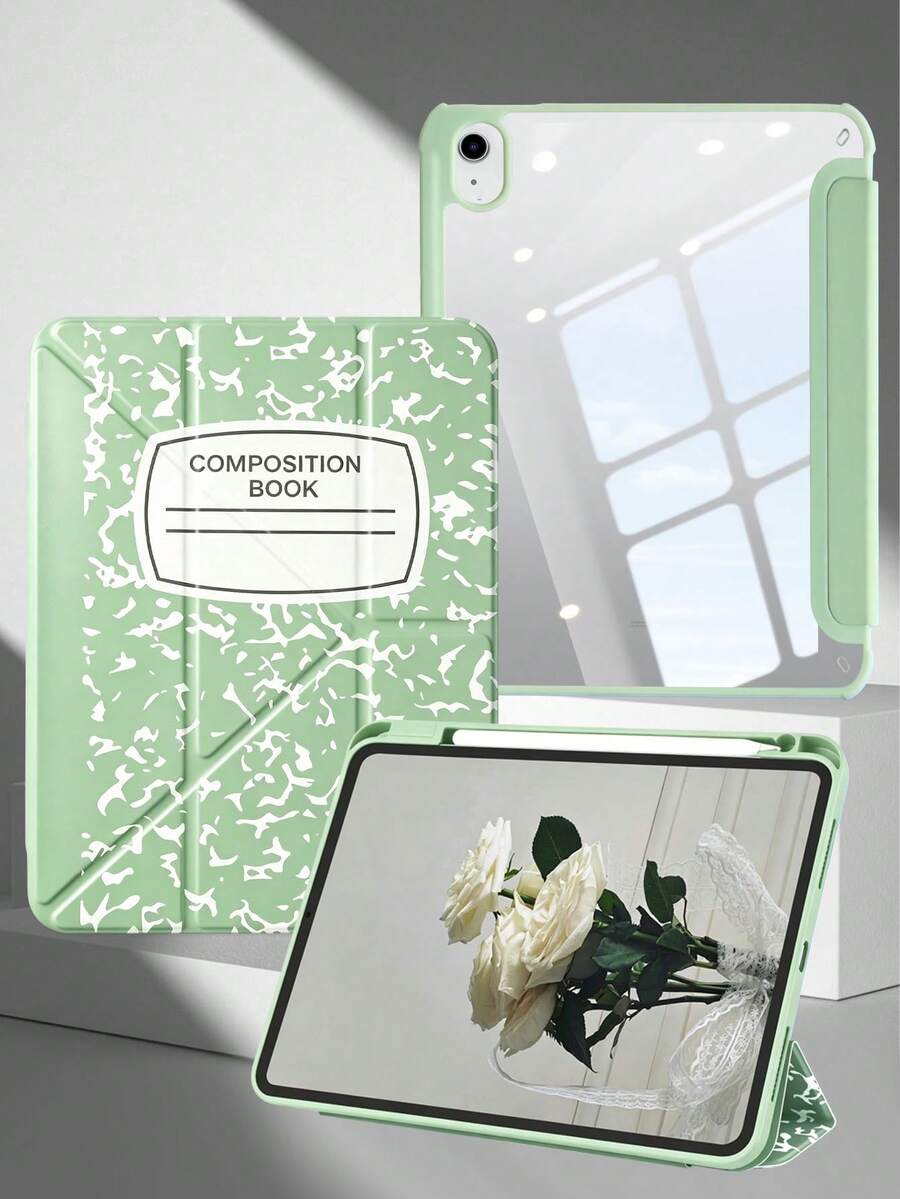 1本筆記本，抹茶綠塗漆平板保護殼，相容於 iPad Mini6/7/Air/Air2/9.7/10.2/10.5/10.9 (Air4-Air8)/Pro 11/10th Gen/A16/Pro 11 2024，可折疊平板保護殼配壓克力背殼，8段式支架，磁吸休眠/喚醒，內建筆槽，不含筆，部分機型附相機框