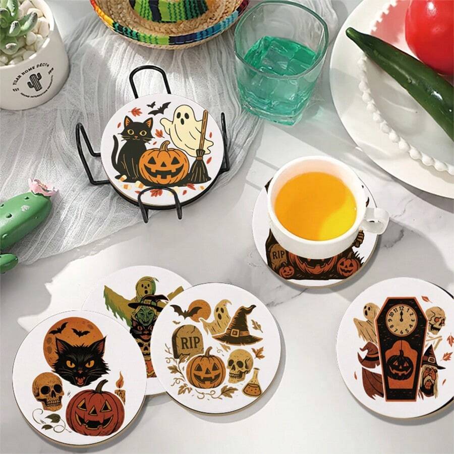 1 Set Wooden Halloween Ghost Pumpkin Coasters With Cork Base And Iron Frame, Gothic Wooden Beverage Coasters, Suitable For Halloween Party Supplies, Gift For Friends - Multicolor - View 1