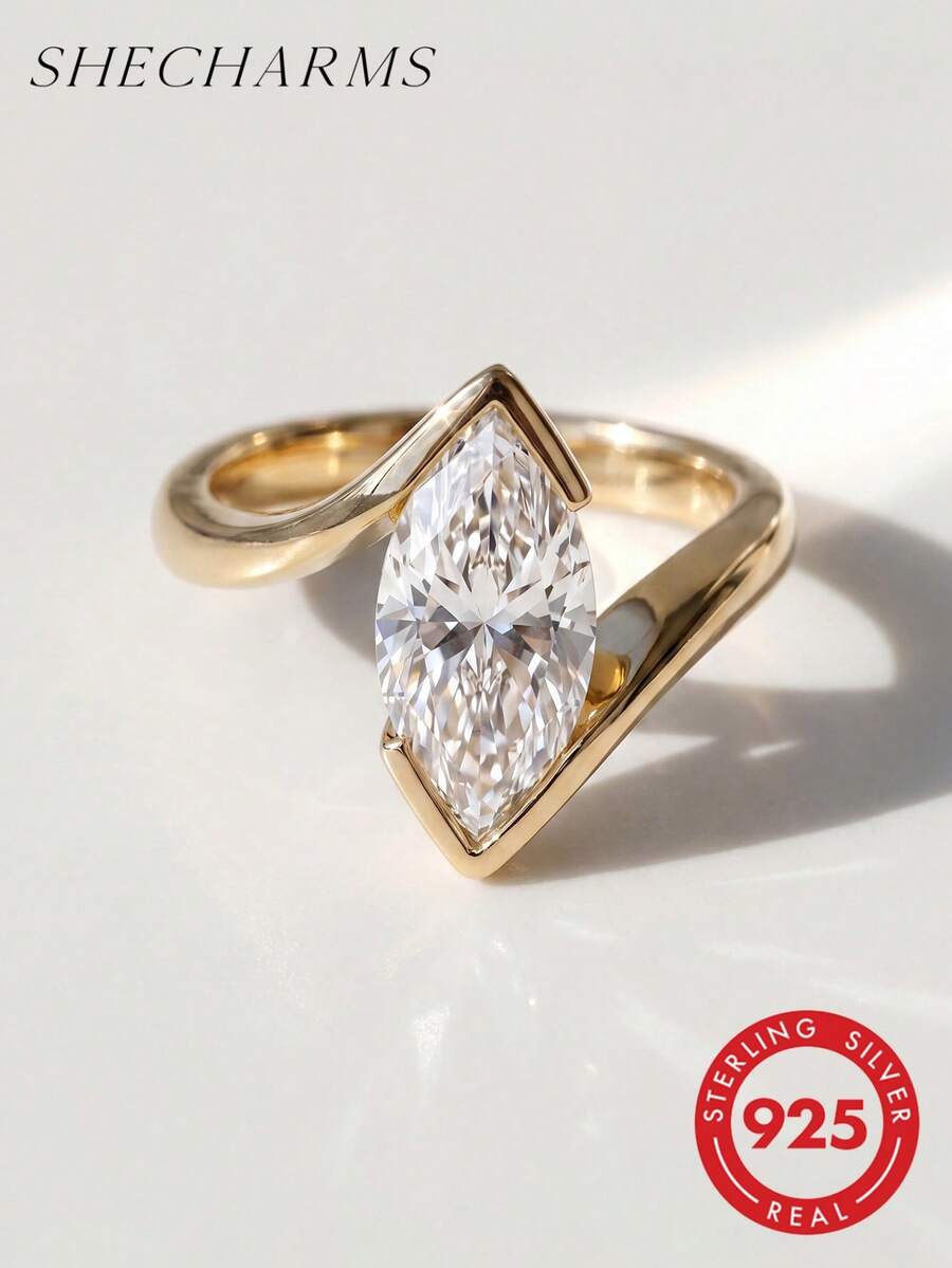 1pc Pear-Shaped Cubic Zirconia Elegant Ring, S925 Sterling Silver Plated Platinum, Exquisite Jewelry For Daily Wear, Gift - Design Marquise Ring - View 1
