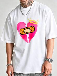 Casual Streetwear Style, Men's T-Shirt, Broken Heart With Bandage Graphic Print, Summer Daily Wear, % Cotton, Healing Love-Themed T-Shirt. - White - View 2
