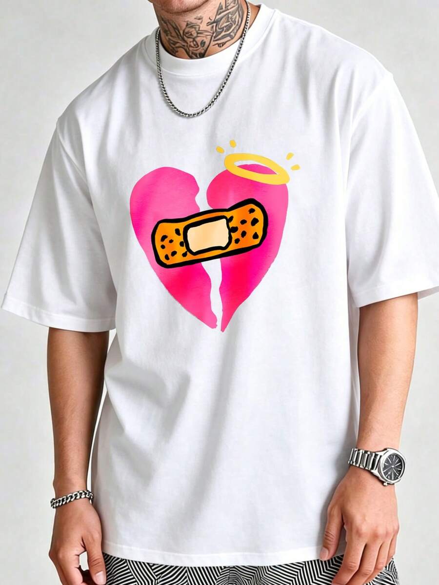 Casual Streetwear Style, Men's T-Shirt, Broken Heart With Bandage Graphic Print, Summer Daily Wear, % Cotton, Healing Love-Themed T-Shirt.