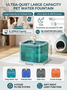 PETSIN 2 升/67.5 盎司/0.53 加仑大容量静音 LED 灯猫饮水器 - 带过滤、USB 供电（不含适配器）、自动宠物饮水站、可更换过滤器 - 彩色 - 查看 4