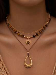 2pcs/Set Kalung Bertingkat Bohemian, Manik-manik Mata Harimau dan Liontin Matahari Rantai Emas Choker, Wanita - Yellow Gold - View 2