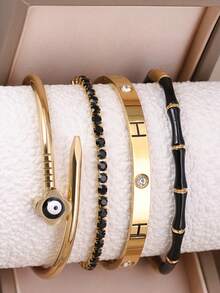 4pcs/1pc Stackable Gold Tone Bracelet Set, Evil Eye Open Bangle, Tennis Chain, Spiral Pattern Stainless Steel Bangle Bamboo Bead Br - Yellow Gold - View 10