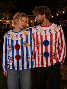 Couples Halloween Clown Costume 2-Person Conjoined Pullovers For Cosplay - Blue and Red - View 2