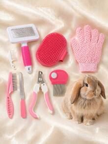 8件組小型動物美容套組/兔子美容套組，包含寵物指甲剪、指甲锉、跳蚤梳、寵物洗澡刷、除毛梳、浴缸按摩手套與清潔梳 - 彩色 - 查看 10