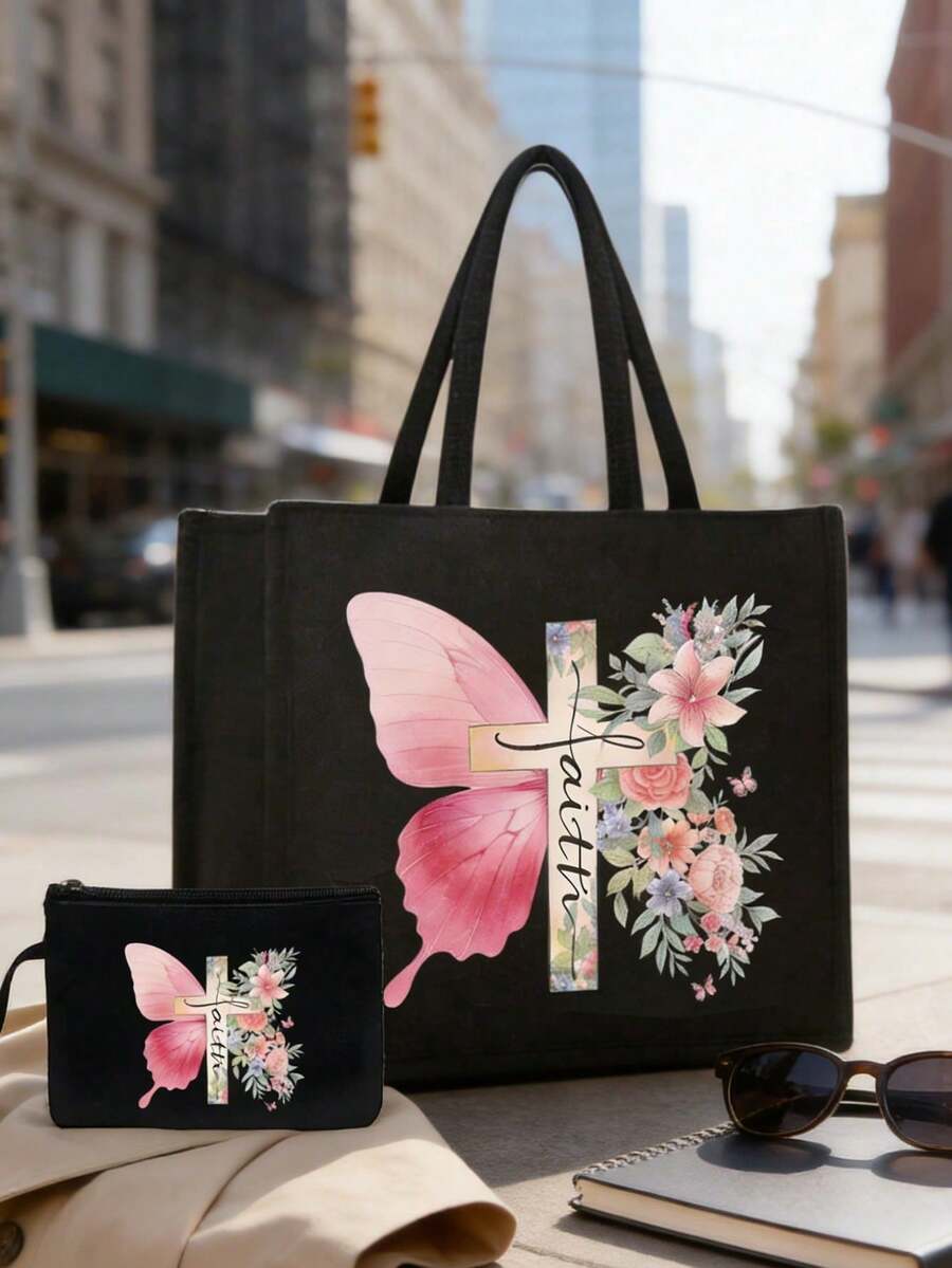 Bolsa de mano con tema cristiano y bolsa pequeña con cruz, mariposa rosa y patrón de letras florales coloridas, regalo ideal para seres queridos y maestros. Bolsa de mano de lino de gran capacidad para mujer con diseño innovador, espaciosa, portátil y casual, perfecta para ir de compras. Bolsa de mano portátil multifuncional para maestras, excelente opción de regalo para mujeres. Regalo del Día del Maestro, Día del Padre, regalo de cumpleaños, regalo de vuelta a la escuela, - Multicolor - Ver 1