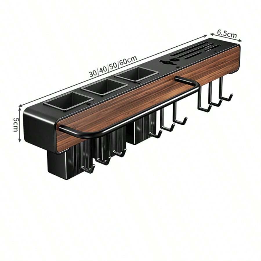 Wandmontierter Messerhalter Küchenaufbewahrungsregal Multifunktional mit Stäbchenhalter und Utensilienorganizer, Schwarz mit Walnuss-Holzmaserung - Übersicht 1